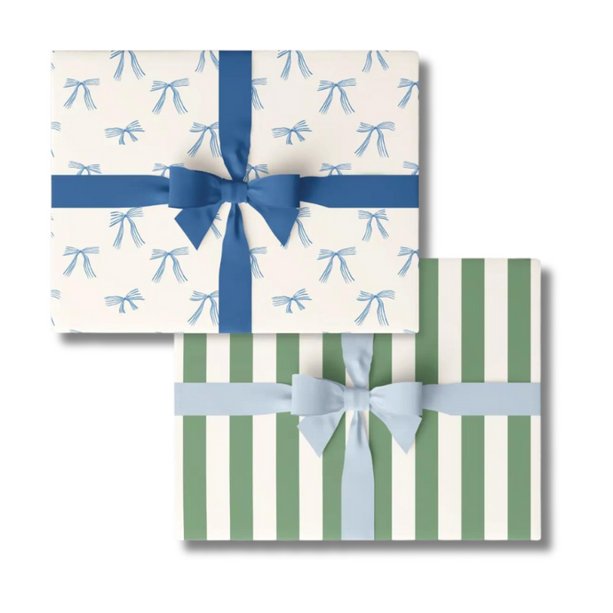 Blue Bows/Lawn Cabana Stripe Wrapping Paper-Becket Hitch