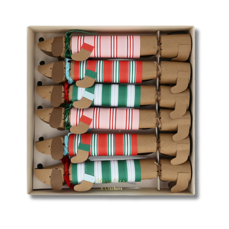 Festive Stripe Sausage Dog Crackers-Becket Hitch