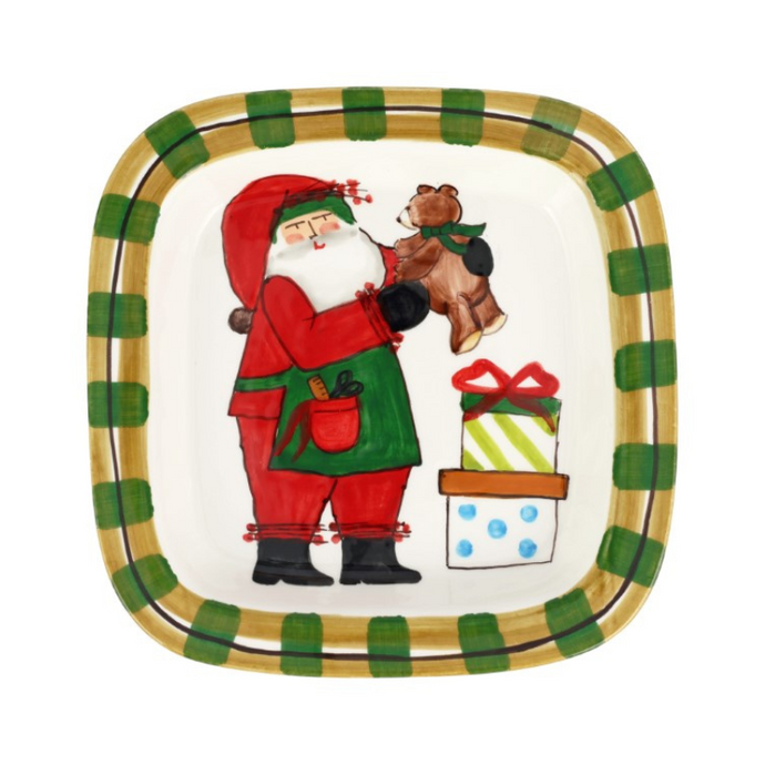 Old St. Nick Small Rimmed Square Platter with Teddy Bear - Becket Hitch