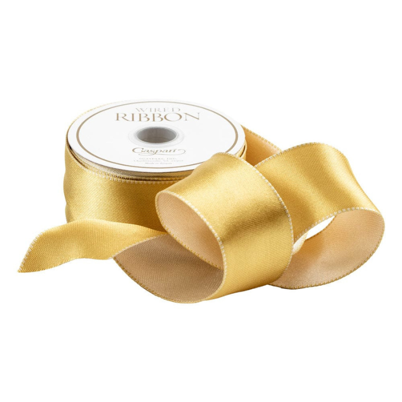 Satin Ivory & Gold Reversible Wired Ribbon 1.5