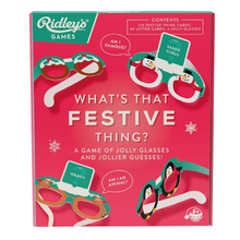 Load image into Gallery viewer, Ridley's Games 'What's That Festive Thing?' game packaging with festive glasses and cards on a pink background.
