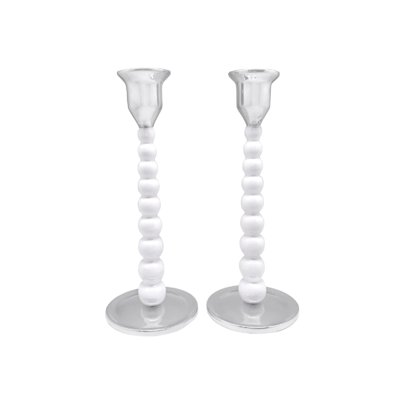 White Pearled Medium Candlestick Set-Becket Hitch