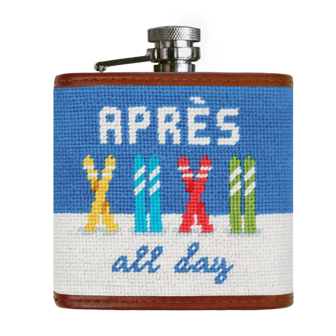 Flask with colorful candles design and 'Après all day' text on a blue and white background