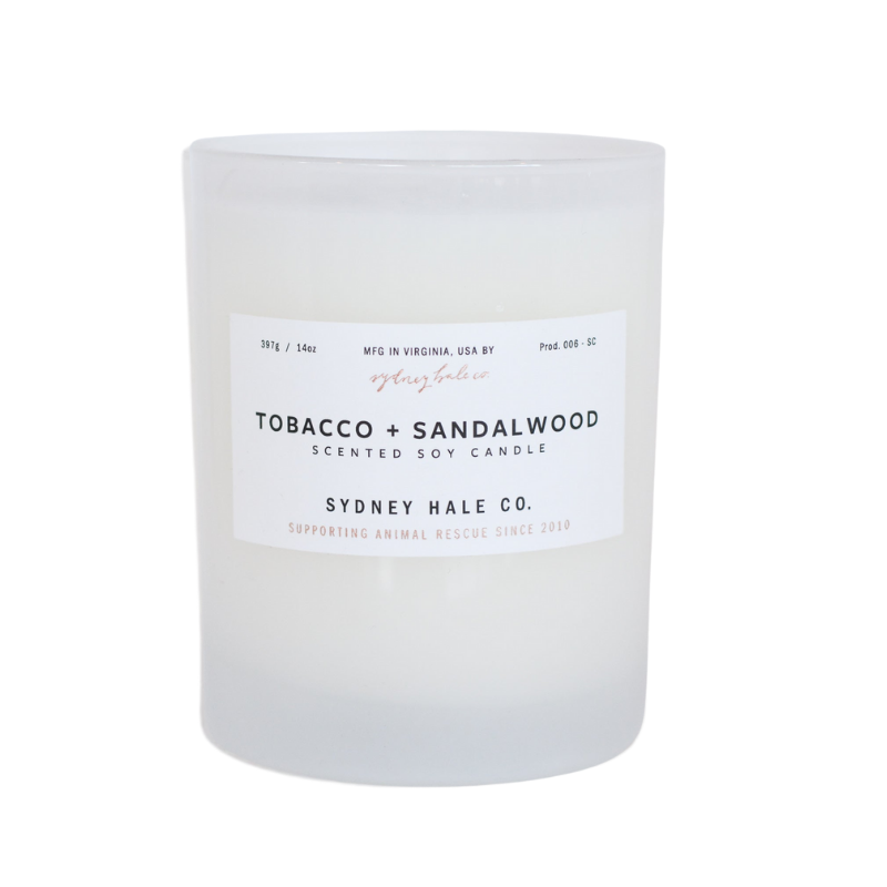 tobacco leaf and sandalwood candle LAST CHANCE: Teakwood & Soy by P.F. Candle Co Caribbean Teakwood is a classic Sydney Hale Tobacco & Sandalwood